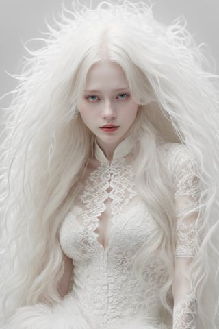 (best quality, 4k, 8k, highres, masterpiece:1.2), A creepy yet intriguing digital illustration portrait of a albino pale young girl, pure white hair,
psychedelic long hair, She wears a seductive white lace outfit with white fur accents, embodying the essence of allure and sensuality, ,valent_1314