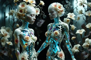 full Body,
1girl,solo,Transparent glass  albino female cyborg,
((fractal pattern Flowers)), Skeleton and organs made of vibrant flowers. Mechanical joints visible. Heart of roses, lungs of hydrangeas, brain of orchids. Flowers spilling from slight cracks. Soft backlighting emphasizing transparency. Elegant pose. Simple futuristic background. Photorealistic style with high detail on glass and floral elements.",Clear Glass Skin,tranzp