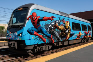 Imagine a train adorned with cool graffiti art featuring Marvel superheroes. The train showcases dynamic murals of Spider-Man, Iron Man, Captain America, and Thor in action poses, highlighting their iconic costumes and powers. The bold color palette, with bright reds, blues, and golds against a sleek dark background, creates a striking visual impact. The graffiti blends comic book aesthetics with urban street art, using energetic lines and dramatic shadows. This combination transforms the train into a moving tribute to Marvel heroes, captivating onlookers as it races through the city.,Train