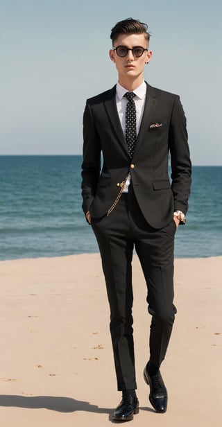 Solo,Realistic photo, nasty man, aesthetic French gentleman, emo aristocratic style, short hair, black round glasses,(eye shadows),(emo makeup), chic black business suit with polka dot tie,(luxury golden lapel pin chain),
 rose in chest pocket, Slender man with long legs and tall stature,beautiful sandy beach background,Handsome boy,r4w photo