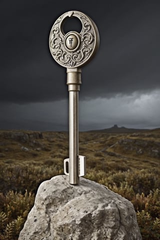 "Imagine a car key protruding from a rock, an unexpected and surreal sight amidst the rugged landscape. The key, firmly embedded in the stone, seems both out of place and strangely intriguing