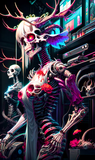 ultra beautiful aesthetic art,pastel art,light coloring,Flower Garden,beautiful girl,bizarre dress, Body fused with machine,Bizarre cyborg artwork,Body in pieces by pieces, lot goa,blood,elk Head skull, necromantic mechanical necro girl,beautiful Face,hanfulolita,skull,Illustration,newhorrorfantasy_style