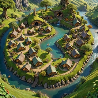 Holographic,Magical Map, (3D) bird's eye view,
Village of the Shire,Hobbit Village,From above, Hobbit houses carved into the slopes of rolling hills, colorful round doors and lush gardens. Winding paths crisscross the village, and rustic bridges crossing streams connect the Hobbit dwellings. A magnificent party tree stands at the center of the village, its branches spread wide to provide shade for festive gatherings. The map appears to float off the paper and rests on the wizard's desk. Magic multicolor ink, high quality, imagination, 8K, fantasy art, vibrant magical colors, style painting magic.