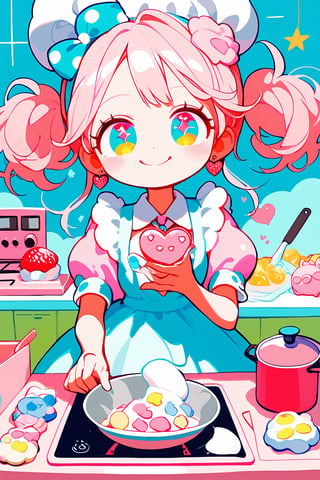 1girl,vtuber anime character design,
adorably kawaii girl cooking in a pastel pink kitchen. She wears a puffy-sleeved dress with a heart-patterned, frilly gingham apron in baby blue and white. Her rosy cheeks dimple as she smiles sweetly, eyes sparkling like stars. Fluffy pigtails tied with oversized polka-dot bows bounce as she stirs a bowl. Colorful, star-shaped sprinkles float magically around her. She wears strawberry-shaped earrings and a cupcake necklace. The kitchen is decorated with smiling anthropomorphic utensils and appliances. A happy sun peeks through heart-shaped windows. Pastel rainbow-colored cupcakes cool on the counter. Tiny, kawaii animals in chef hats assist her,

LOVE+PIECE+ICECREAM! The fancy I'm looking for all over the world Holding a sweet,
 melting miracle in your hands LOVE...CHOP!! ,
L・O・V・E・&・P・E・A・C・E・& Our HOT and COOL DIVA！,
HEY! You KNOW! Ice cream! How great! Mellow and Glow LIKE A Fever！
 Kissable and solid flavor！,
 fighting is NO-GOOD!
 Topping strawberry with love Boring! 
The important thing is These are the three things I'm going to tell you!,………LOVE+PIECE+ICECREAM！
,anime style,anime girl,future0615