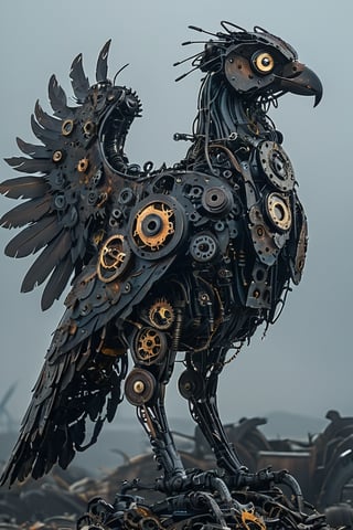 A griffin,made from gears rusted metal, and glowing parts, with its wings spread wide. The griffin's body is an intricate assembly of interlocking gears and corroded metal plates, giving it a rugged, industrial appearance. Its eyes and certain joints feature glowing, luminescent elements that pulse with an eerie light. The wings, constructed from overlapping metal feathers, are extended majestically, each feather adorned with tiny, glowing circuits. The background is a dark, misty landscape with hints of ancient ruins, enhancing the mythical and mechanical nature of this fantastical creature,adding to the steampunk atmosphere.",Mechanical