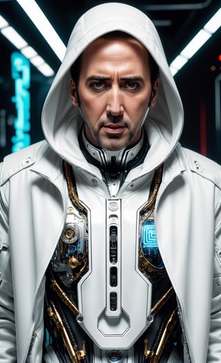 (RAW photo, best quality), (realistic, photo-Realistic),Nicolas Cage,the body of a man being simulated in white high-tech hood, in the style of cyberpunk imagery, mechanical designs, algorithmic artistry, 32k uhd, chrome-plated, enigmatic characters,DonMCyb3rN3cr0XL ,TechStreetwear