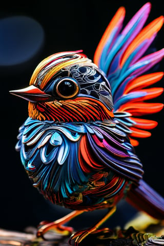 A small bird, with the most intricate patterns in the world. Its feathers display a mesmerizing array of colors, forming elaborate designs that seem to shift and dance as it moves. Each feather is a masterpiece of nature's artistry, with patterns reminiscent of intricate mandalas and fractals. The bird's wings flutter gracefully, showcasing the stunning symmetry and complexity of its plumage. This avian wonder captivates all who behold it, a living embodiment of nature's boundless creativity and beauty.,gbaywing,glass shiny style