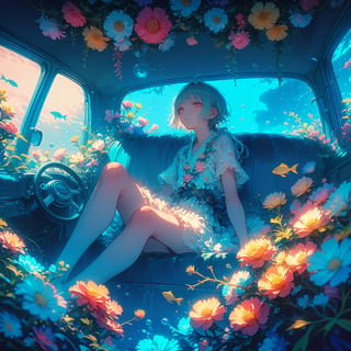 Simple minimum art, myths of another world,
pagan style graffiti art, aesthetic,
1boy, interior of an old car, many beautiful blooming flowers, the car covered with plant vines, the interior of the car, a boy sitting in the car, the car is sunk at the bottom of the sea, beautiful flowers and coral reefs, many jellyfish surround the boy, flower car, in car,anime,underwater,emo,dal-1