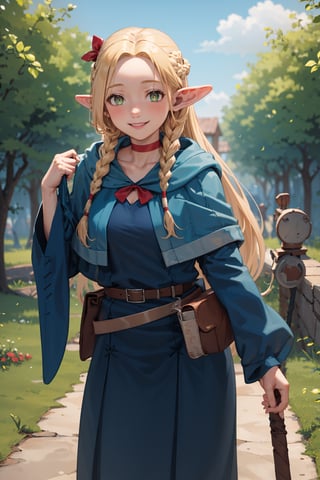 masterpiece,best quality,highres,ultra-detailed,marcille donato,elf,pointy ears,long hair,twin braids,hair ribbon,red choker,blue capelet,robe,long dress,blue dress,long sleeves,red ribbon,belt,wide sleeves,skirt,pants,pants under skirt,,outdoors,cowboy shot,smile,standing,sandals