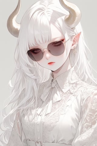 Shoujo manga style,1 girl, albino demon girl, (long intricate horns:1.2),with lethargic sleepy smokey eyes,(pure white 
long hair),(sunglasses.),luxury mesh fishnet blouse,