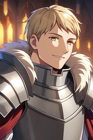 solo, 1man,He wears fur around his neck, laios,Short blond hair, golden eyes, soft smile, armor, breastplate, upper body, light smile,,laios