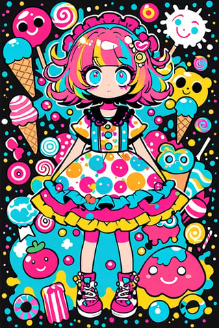 children's doodle style,
Colorful pop art, candy pop, lollipop punk, brightly colored berry beans, emo pink lolita girl,big Eyes,A dress made of jelly and ice cream,
 maximalism designemo,dal-6 style,Color Splash