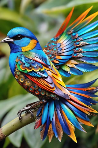 A small bird, with the most intricate patterns in the world. Its feathers display a mesmerizing array of colors, forming elaborate designs that seem to shift and dance as it moves. Each feather is a masterpiece of nature's artistry, with patterns reminiscent of intricate mandalas and fractals. The bird's wings flutter gracefully, showcasing the stunning symmetry and complexity of its plumage. This avian wonder captivates all who behold it, a living embodiment of nature's boundless creativity and beauty.,gbaywing,glass shiny style