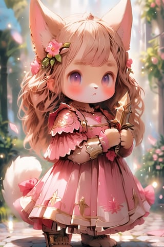 Prompt: Magical POP illustration,cute little brave Teddy bear,pink loli armored dress, weapon holding,Beautiful embroidered dress,kawaii knight,furry girl,Deformed