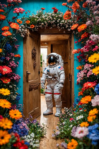 Imagine a beautiful flower field, with vibrant blooms stretching as far as the eye can see,Person on the other side of the door, Astronaut,
Nestled among the flowers is an unexpected sight a wooden door, clearly made of lightweight material like cardboard or balsa wood, standing upright amidst the blossoms. Despite its humble construction, the door is adorned with intricate carvings and painted with vivid colors, adding to its whimsical charm,astronaut_flowers