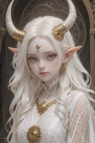 1 girl, , (masterful), albino demon little queen,(white dreadlocks,mesh fishnet blouse, (long intricate horns:1.2) ,
Alabaster skin,wearing solemn white and gold ceremonial robes,
best quality, highest quality, extremely detailed CG unity 8k wallpaper, detailed and intricate, 
,steampunk style,ani_booster