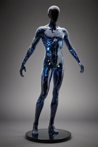 ((Transparent faceless glass mannequin)), human form with smooth, featureless surface. Entire glass body filled with swirling, electric blue plasma, lightning bolts crackling within. Ethereal glow emanating from figure, illuminating surroundings. Standing in dark, minimalist space. Intricate light refractions and reflections on glass surface. Hyper-realistic rendering of glass and electrical phenomena. Seamless blend of solid form and fluid energy. Surreal, sci-fi aesthetic. Dramatic lighting highlighting internal plasma storm