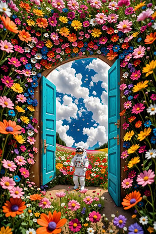 fisheye lens,
a beautiful flower field, with vibrant blooms stretching as far as the eye can see,Person on the other side of the door, Astronaut,
Nestled among the flowers is an unexpected sight a wooden door, clearly made of lightweight material like cardboard or balsa wood, standing upright amidst the blossoms. Despite its humble construction, the door is adorned with intricate carvings and painted with vivid colors, adding to its whimsical charm,astronaut_flowers