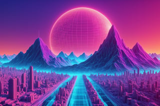 (Vaporwave),
1980's wireframe Retro CG style,Logic hologram wireframe World,
(wireframe hologram Mountain),(hologram wire framered Rising sun),hologram Palm tree,wireframe  city beyond the horizon,
,3D Mesh,3D mesh digital Matrix,Clear Glass Skin,GLASS,Matrix code,Amidst the dynamic world of 3D design,retropunk style,wave art style