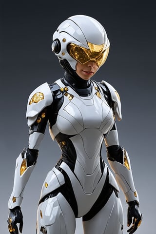 An otherworldly full-body combat spacesuit,Full face helmet,an alien-inspired sci-fi design,Smooth pearl white exoskeleton with shiny gold bioluminescent patterns,Her form-fitting suit accentuates her feminine curves and features animated liquid metal armor plates, while her helmet features a crystal visor with a fractal HUD pattern,An organic and gorgeous shawl that looks like an exotic plant. Golden light pulsates along its limbs, covered in nanomaterials. A fusion of advanced alien technology and baroque decoration. Photorealistic style with surreal and otherworldly elements