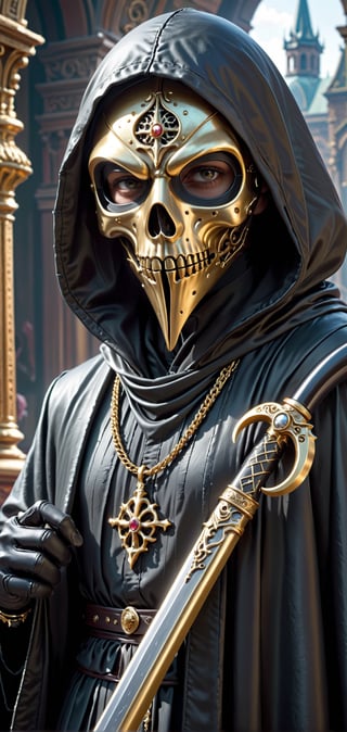  extremely detailed, hyper realistic, Cinmatic,
(Wearing ultra detailed plague mask:1.5),
(Grim reaper:1.3), (death scythe:1.3),
high tech grim reaper holding a high tech long baroque scythe, standing under mooligh, More Detail, ultrarealism, cinematic, ultra high definition, hyper realistic,Cyberpunk,demonictech