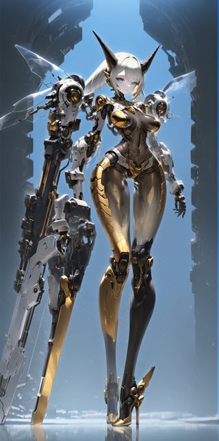 albino robot Girl, (long intricate horns:1.2),Giant weapon arms, adorned with ((transparent body parts)),(gold  breast), revealing the intricate machinery inside, giant robotic weapon, smooth and angular design despite transparent parts, pulsating energy and intricate circuitry visible through transparent body parts,high heels,Elegant curvaceous beauty,robot, mechanical arms,Glass Elements,Clear Glass Skin,hubg_mecha_girl,skinbodysuit,Blue Backlight,cyborg,bodysuit,breast bags