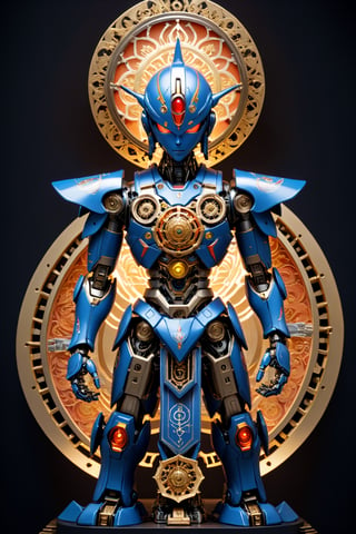 mandala art,depicts a fusion between an Evangelion mech and a Buddha, Emphasize the integration of intricate mecha elements with the serene and divine features of the traditional Buddha figure. Pay attention to details such as robotic components seamlessly blending with the spiritual aspects of the statue. Optimize for a visually striking composition that captures the harmonious coexistence of futuristic mecha aesthetics and timeless religious symbolism."