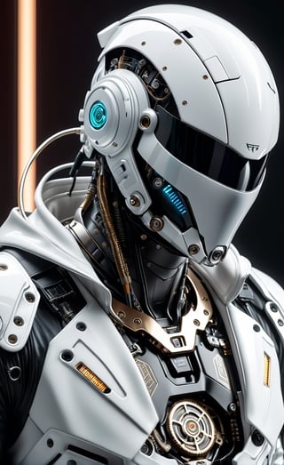 (RAW photo, best quality), (realistic, photo-Realistic),the body of a man being simulated in white high-tech hood, in the style of cyberpunk imagery, mechanical designs, algorithmic artistry, 32k uhd, chrome-plated, enigmatic characters,DonMCyb3rN3cr0XL ,TechStreetwear