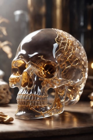 Skull made of crystal, beautiful atmosphere with golden lines, completely transparent bones,skll