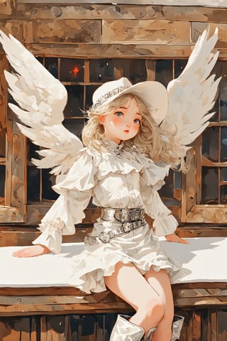  Western saloon,1 Girl,where a little girl dressed in a pure white cowboy costume sits on the counter. Her outfit includes a white cowboy hat, a tailored shirt, fringed jacket, and well-fitted trousers, all in pristine white. Polished boots and a classic belt with a silver buckle complete her look. Adding a touch of ethereal charm, she has pure white wings gracefully extending from her back,AngelStyle,wings,better photography,aesthetic portrait,dal-1