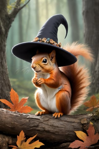 From beneath the brim of the witch's hat, a cute wild squirrel peeks out, its tiny face framed by the hat's enchanting adornments. With bright, curious eyes and twitching whiskers, it adds a whimsical touch to the mystical scene, embodying the playful spirit of nature amidst the magic of the witch's hat.,a1sw-InkyCapWitch