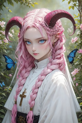 albino Demon Girl, (long intricate horns:1.2),Beautiful nordic girl, a nun adorned in a colorful and stunning floral-patterned habit,(pink wimple),
colorful scapulae,Cross,
Very long braided hair,colorful braided hair,radiating vibrancy and life.,Her attire exudes warmth and kindness, spreading serenity like a blooming garden. With elegant grace, ,mizuki shiranui,aesthetic portrait,ktrmkp,Realistic Blue Eyes,tlps,ct-niji2