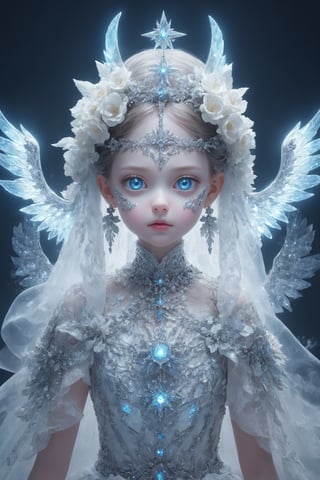 ultra Realistic, Extreme detailed, 1 girl, 12years old,Goddess of Light,transparent respirator on facethe crown is silverr,girl has blue eye,star-shaped pupils,sparkling eyes, (Flower Bride), (Wings that pulsate with neon lights,
alabaster skin,
Christmas Fantasy World,DonMSn0wM4g1cXL,shiny