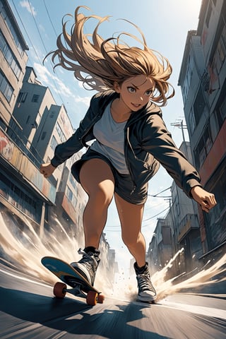 1Girl,(low angle shot:1.5),
The illustration depicts a spirited girl with a confident stance, her hair flowing behind her as she effortlessly maneuvers her skateboard. With determination in her eyes and a hint of a smile on her lips, she tackles the urban landscape with skill and grace. The low-angle perspective adds a sense of drama and dynamism to the scene,newhorrorfantasy_style,action shot