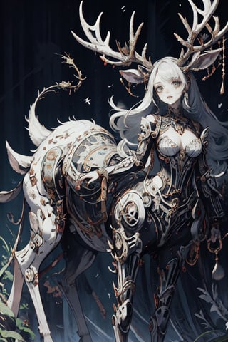 female_solo,centau,albino demon girl, curvaceous, masterpiece, breasts, defined, happy,moose antlers,Alabasta
_skin, glow, golden_eyes, white_hair, long_hair,  clear face,traditional Japanese and gothic fashion,
 flawless, flawless face, centaur, taur, 4 legs,3va,deer ear,dark fantasy