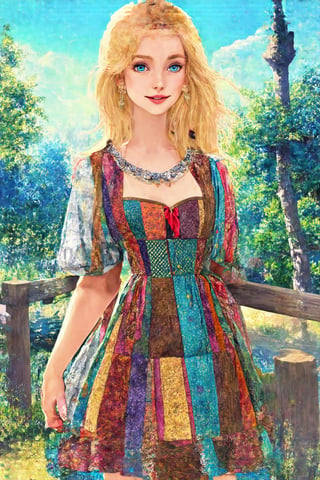 art nouveau style,flat Illust,beautiful blonde lady, Official Art, Art Station, Beautiful and Aesthetic, One Girl, Highly Detailed, (patchwork style dress),
A Scandinavian woman of supernatural beauty,
Full body, looking at the viewer, (model pose: 1), cowboy shot,photo_b00ster