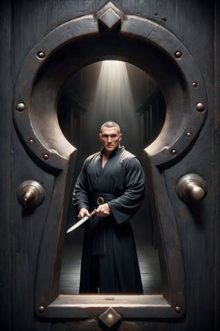 ((Screen through the keyhole)),1man,(Vinnie Jones), raised blade, black robe, ((depth of field)),backDonMK3yH0l3XL,Hollow