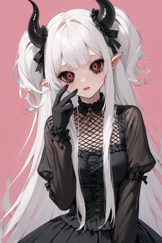 Shoujo manga style,1girl,ultra cute, Harajuku Style grunge fashion with kawaii and Lolita themes, albino demon girl,(pure white long hair),(black sclera;1.2),luxury mesh fishnet blouse,dal-1,ct-niji2,black hands