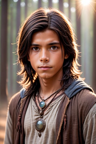 ((Bokeh:1.5)),((Soft focus:1.5)),(Fog),((blur)),(Lens Flare),
beautiful boy,Atreyu,14 years old,Half Caucasian boy
,Smooth and silky hair long hair,Brown long center part hair,Beautiful Earth Eyes,Depth and Dimension in the Pupils, 
Native American Style Rustic Clothing,brown clothes,aurin pendant,((show one's chest and stomach:1.5)),abmhandsomeguy,photo_b00ster