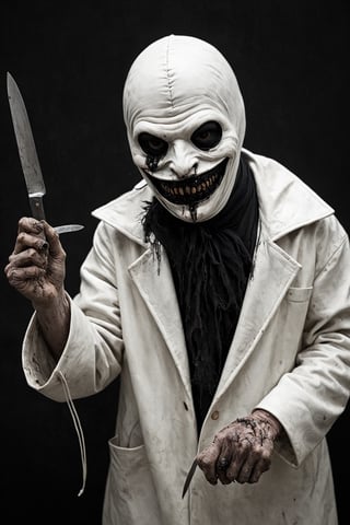 Necrobutcher, presence of fear, butcher of hell, holding a square knife in his hand with an eerie expression on his face, body without skin, protruding eyeballs.An eerie white leather mask covers his mouth.