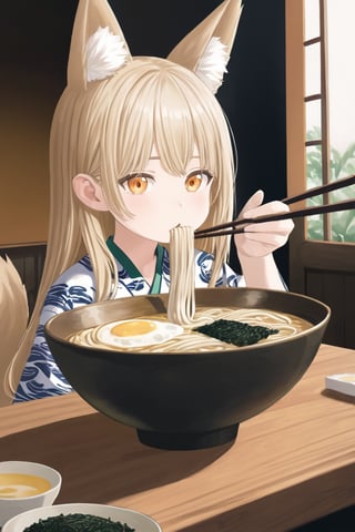 Hyperrealistic painting of a steaming bowl of tsukimi udon. Thick, chewy noodles in clear dashi broth. A perfectly poached egg floats on top, its yolk gleaming golden. Finely chopped green onions and a sheet of nori garnish the dish. Sitting at a low wooden table, a young girl with fox ears enjoys the udon. Her ears are orange with white tips, matching her long, fluffy tail. She wears a traditional yukata with a fox pattern. Her chopsticks are poised to pick up noodles.