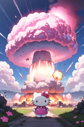 ((Hello Kitty)),pink nuclear bomb,kawaiitech,Explosion Artstyle,Giant mushroom cloud background