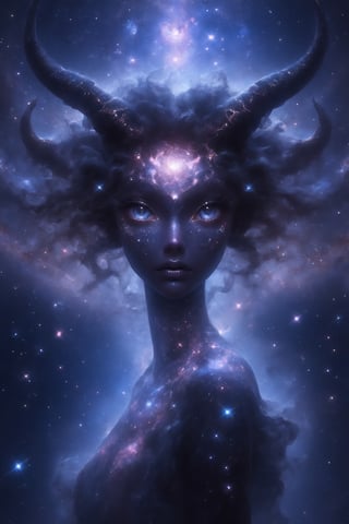 1 girl, (melanism), melanism demon girl,((slit pupil eyes)),solid black skin, mesh fishnet blouse,  (soft expression), Depth and Dimension in the Pupils, So beautiful eyes that Has deep clear eyes, detailed eyelashes,long intricate horns:1.2),Incredibly beautiful looks,girl entire body is overlaid with the cosmic wonders of outer space,Envision her seamlessly merging with galaxies, stars, and nebulae, creating a surreal and ethereal appearance. Capture the celestial glow and intricate cosmic patterns enveloping her entire figure. Optimize for a visually captivating composition that conveys the harmonious fusion between the woman and the vast beauty of the universe, resulting in a mesmerizing and otherworldly cosmic entity,