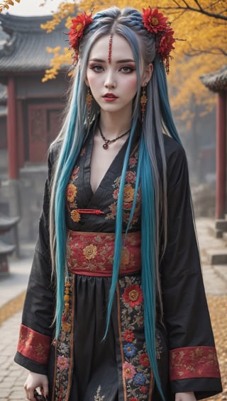 Extreme Detailed,ultra Realistic,(full body),
beautiful Nordic girl,Gothic emo heavy makeup girl,random color colorful hair,Extreme long dreads hair,lot face Pierce,nose Pierce,mouth Pierce,spirit tongue,
Wearing luxury Ancient Chinese dress,hanfu,Beautiful flower embroidery,
black long leather boots,