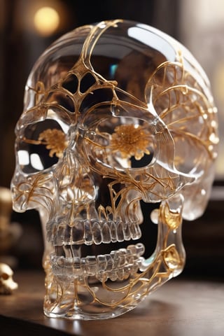 Skull made of crystal, beautiful atmosphere with golden lines, completely transparent bones,skll