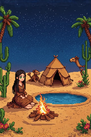 Pixel art scene of a vast desert oasis at dusk. A young nomad girl with long black hair and striking green eyes sits by a small campfire. Her traditional robes flow in earthy tones. Palm trees and a small pool reflect the setting sun. The girl's tent is nearby, made of weathered fabric. A camel rests in the background. The sky transitions from deep blue to orange, with pixelated stars appearing. Cacti and desert flowers dot the landscape.,pixelartsd3