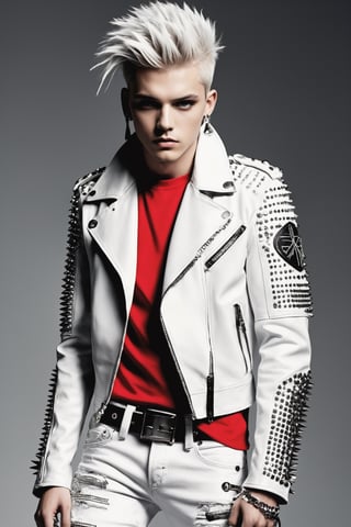 1 Young man,
Pure white punk rock fashion; The rebellious spirit of punk meets the pristine allure of pure white,A studded Pure white  leather jacket, meticulously adorned with silver spikes, creates a bold centerpiece,
 A distressed, white graphic tee featuring iconic punk symbols adds an edgy touch.

Pure white Skinny jeans, ripped at the knees, complete the ensemble, while white combat boots add a hint of aggression to the look. Accessories include white leather gloves with silver studs and chunky, silver chains. Hair, styled in a disheveled manner, reflects the untamed essence of punk rock rebellion. This juxtaposition of the punk aesthetic with an all-white palette creates a visually striking and uniquely rebellious punk rock fashion statement.