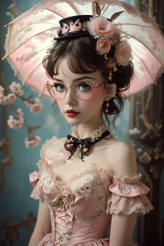 1girl,Anthropomorphic owl in sleeveless, off-shoulder pink Lolita fashion. Ruffled bodice with sweetheart neckline, adorned with bows and lace. Voluminous skirt with petticoat, decorated with delicate floral patterns. Owl's natural feathers seamlessly blending into fabric. Large, expressive eyes behind ornate glasses. Tiny top hat perched askew. Holding lace parasol. Soft, pastel background with cherry blossoms. Whimsical blend of avian features and kawaii Lolita style. Fairytale-like atmosphere