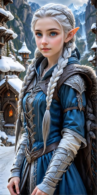 Extreme detailed,ultra Realistic,
beautiful young ELF lady,platinum silver shining hair, long elvish braid, side braid, blue-grey eyes,elf ears,(carries a beautiful hawk on arm:1.2),
Wearing leather tunic, hooded cloak, animal fur hood, intricate clothing, animal fur clothing, dark clothing, waistband, scarf, soft smile, bending posture, looking into the distance, 
snowy mountain scenery, overlooking valley, river, white clouds, seen from behind,ol1v1adunne