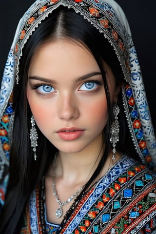 Super detailed, super realistic, beastly,beautiful Nordic girl,
 wears old folk costume, long straight black hair, Yakuts folk costume, beautiful crystal blue eyes, almond eyes, intricate textile decorated with colorful and intricate geometric patterns, arm ornamentation, decorative embroidery.
Beautiful crystal blue eyes, almond eyes, intricate fabrics decorated with colorful and intricate geometric patterns, clothes in earth colors such as White red and green,,aw0k euphoric style, ,perfect likeness of TaisaSDXL,dal